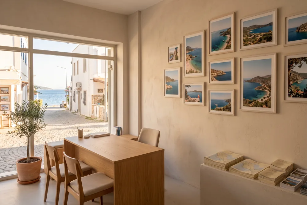 Inside the agency office, looking out to the street and the sea