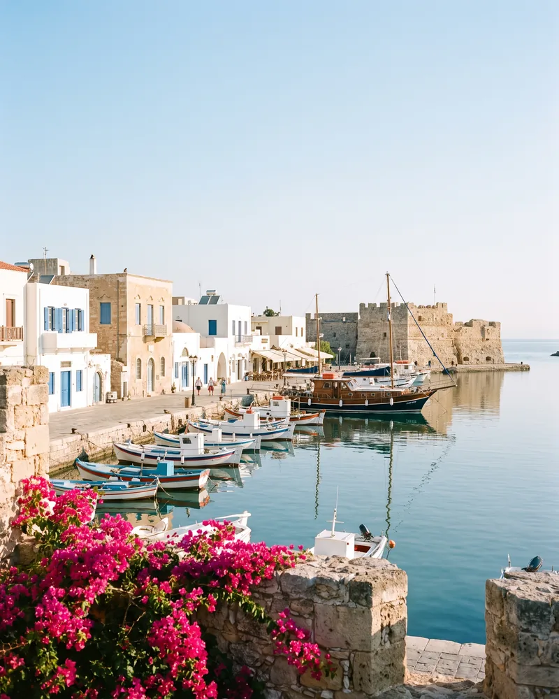Fishing boats along the harbour front on Kos, below the castle walls